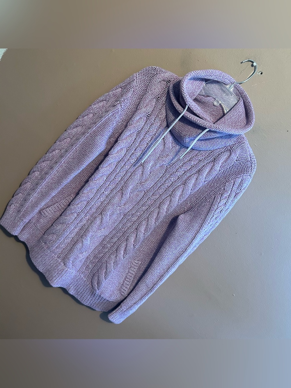 L.L.Bean Signature Cotton Cable Knit Funnelneck Sweater Lilac Pink Fisherman L